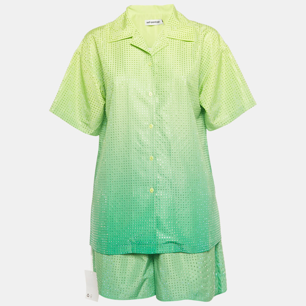Self-Portrait Neon Green Rhinestone Embellished Taffeta Shirt &Shorts Set S/L Self-Portrait Neon Green Rhinestone Embellished Taffeta Shirt &Shorts Set S/L