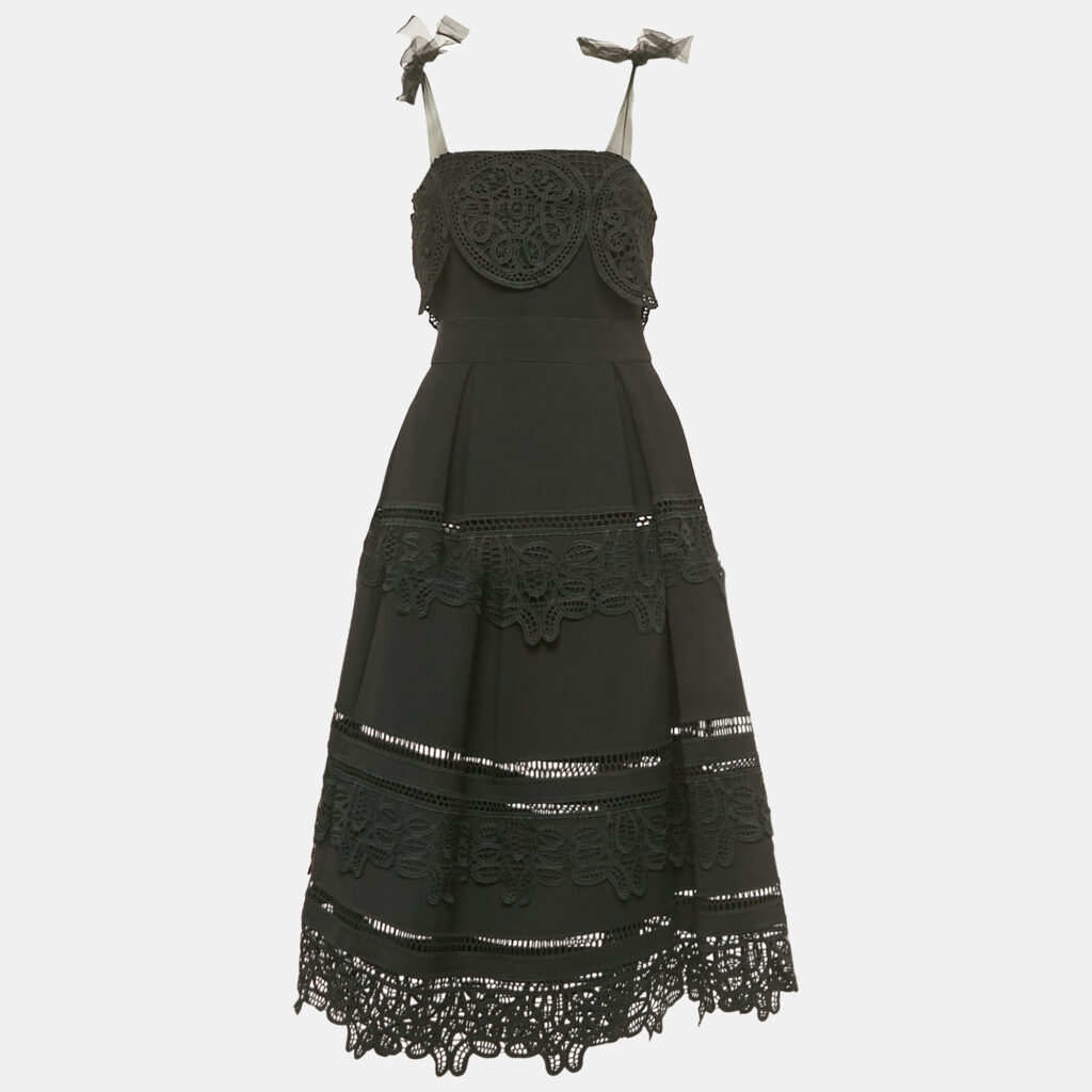 Self-Portrait Black Crepe Lace Trim Detail Tie-Up Strap Midi Dress S
