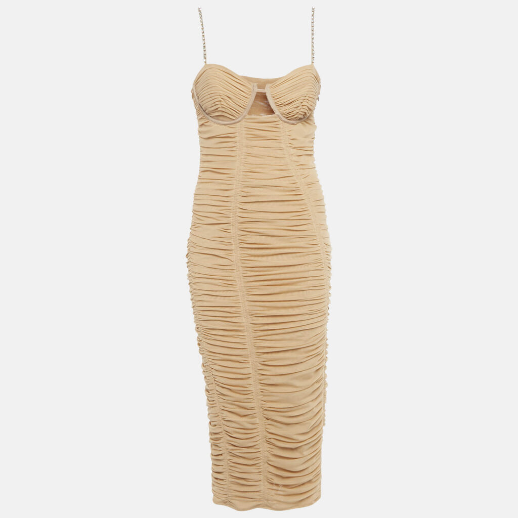 Self-Portrait Beige Mesh Embellished Strap Detail Ruched Midi Dress M