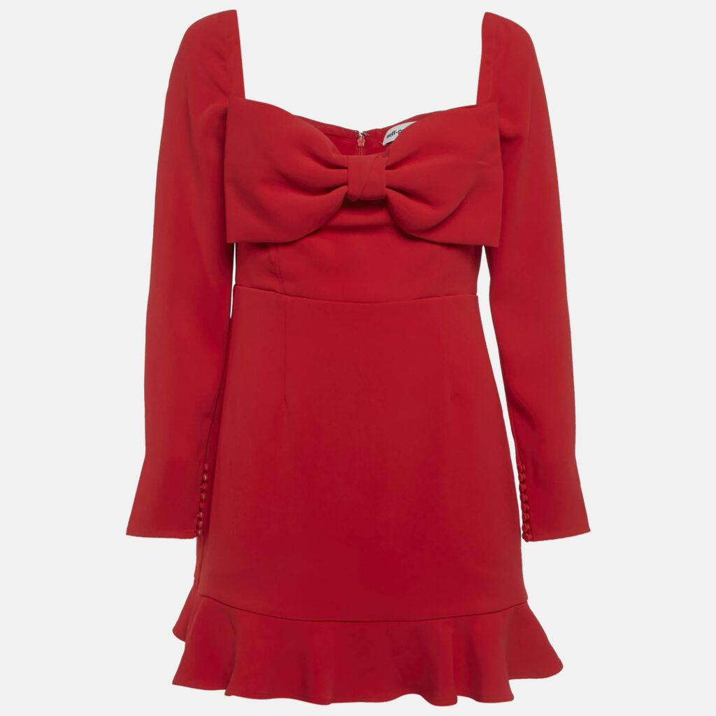 Self-Portrait Red Crepe Bow Detail Flounce Mini Dress M Self-Portrait Red Crepe Bow Detail Flounce Mini Dress M