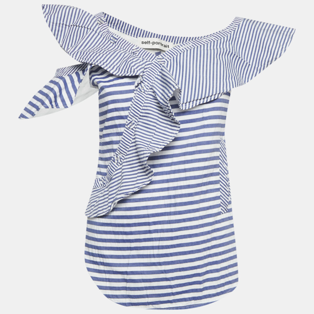 Self-Portrait Blue Striped Cotton Asymmetric Top M Self-Portrait Blue Striped Cotton Asymmetric Top M