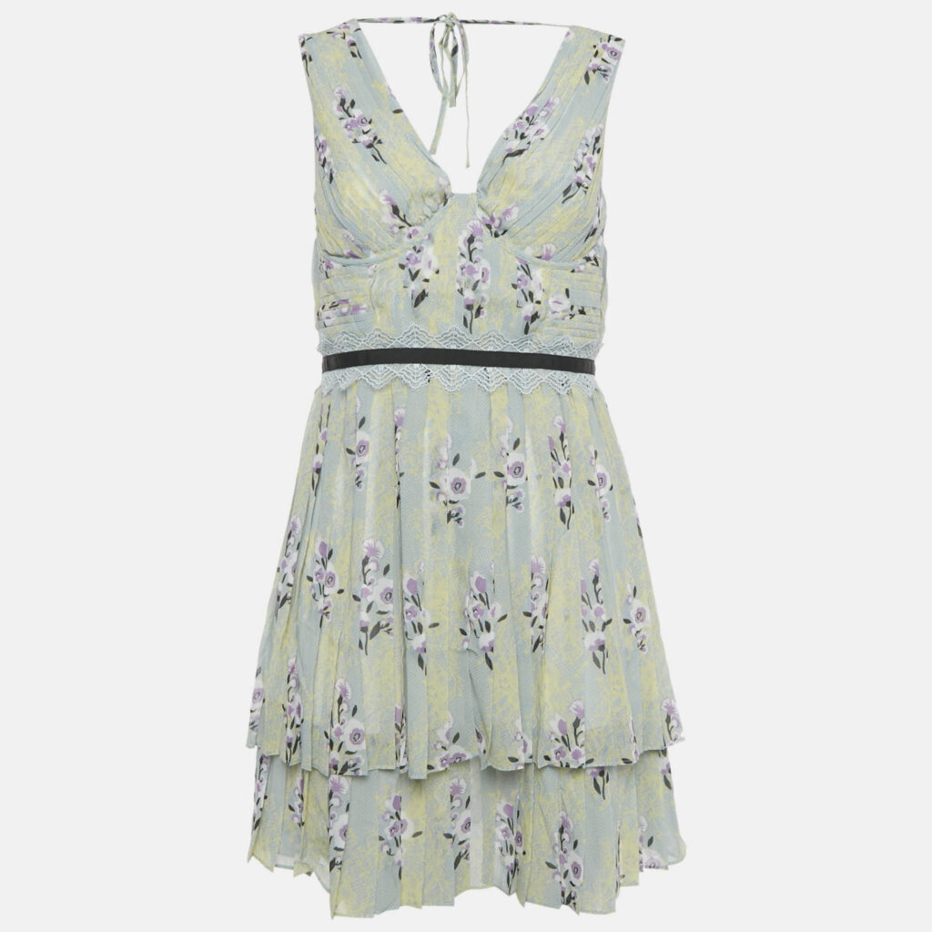 luxury-women-self-portrait-used-clothes-p1219468-007.jpg Self-Portrait Yellow Floral Print Chiffon Tiered Mini Dress S