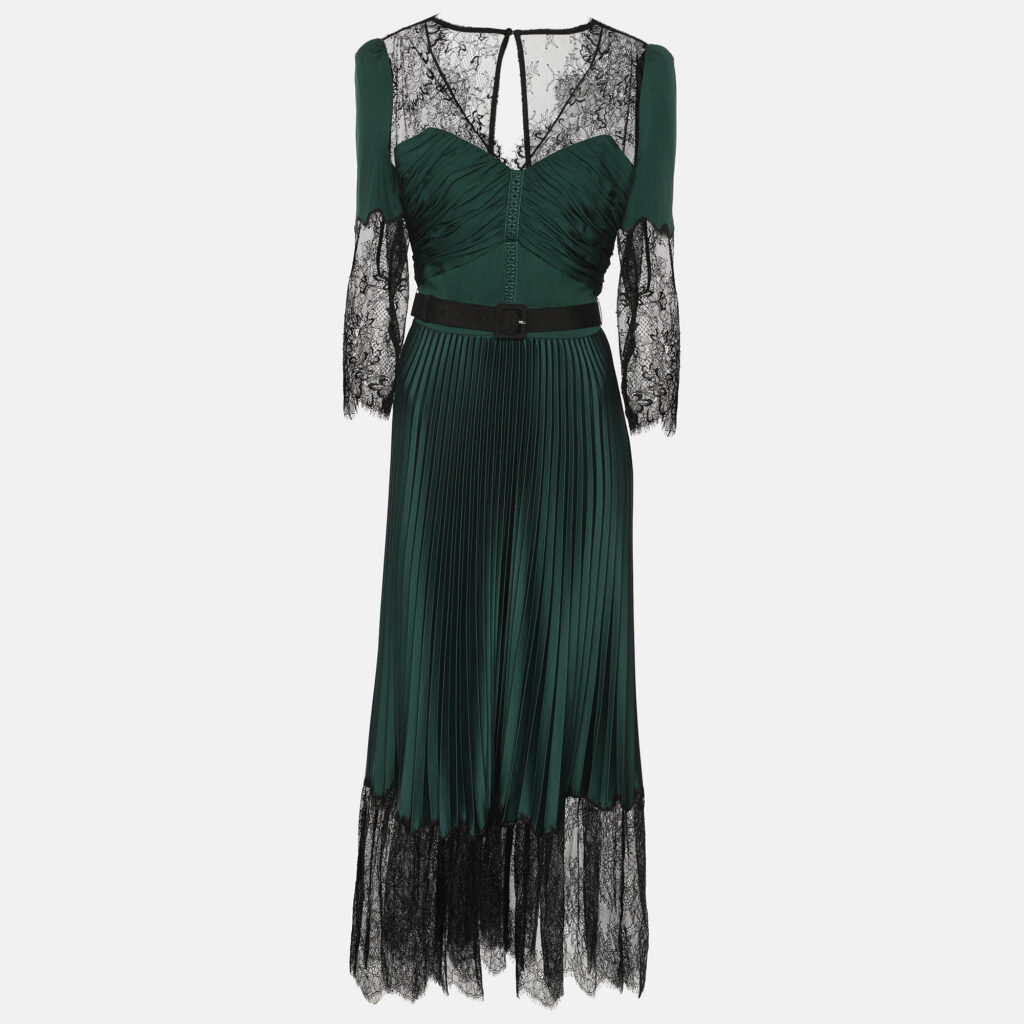 Self-Portrait Green/Black Satin and Lace Pleated Belted Midi Dress S