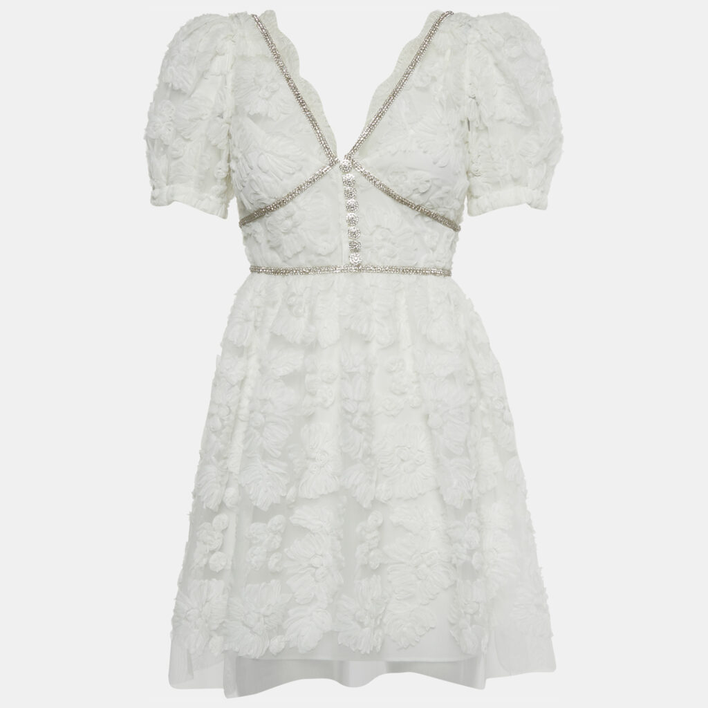 Self-Portrait White Crystal Embellished Ribbon Lace Mini Dress XS