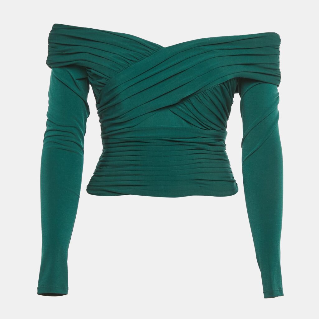 Self-Portrait Teal Blue Pleated Jersey Crossover Top S