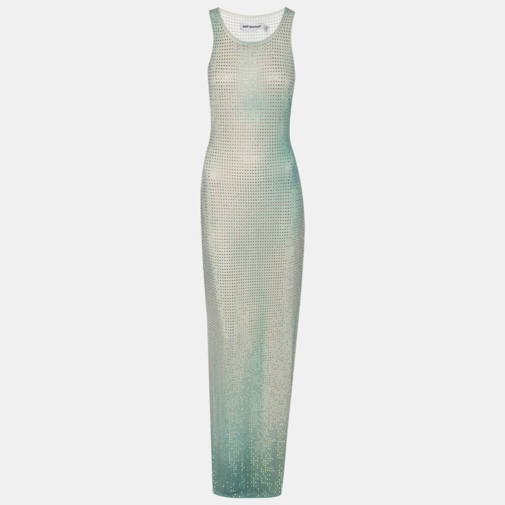 Self-Portrait Green Crystal Embellished Gradient Mesh Maxi Dress M Self-Portrait Green Crystal Embellished Gradient Mesh Maxi Dress M