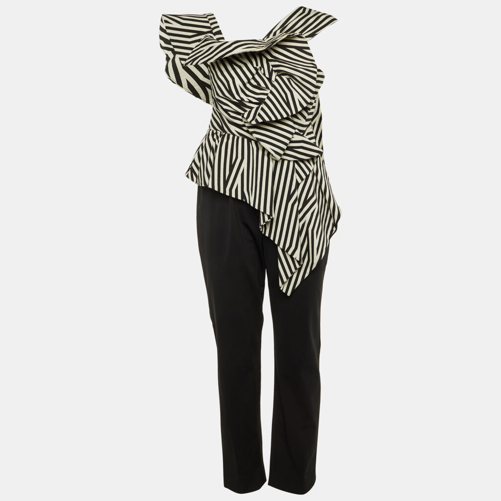 Self-Portrait Black/White Crepe Asymmetrical Striped Ruffle Jumpsuit M
