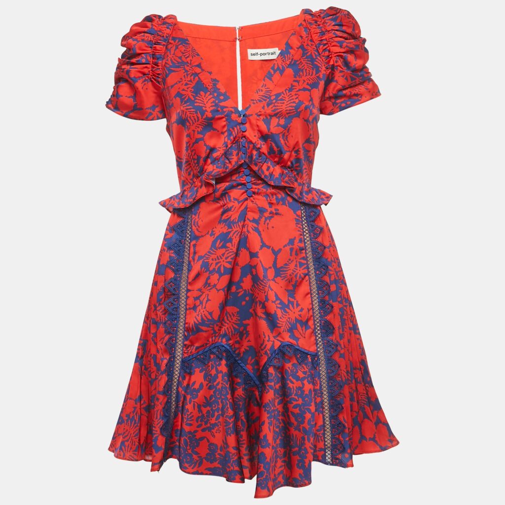 Self-Portrait Red /Blue Printed Satin Lace Detail Mini Dress S Self-Portrait Red /Blue Printed Satin Lace Detail Mini Dress S