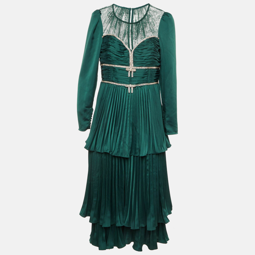 Self-Portrait Green Satin Crystal Embellished Tiered Maxi Dress L Self-Portrait Green Satin Crystal Embellished Tiered Maxi Dress L