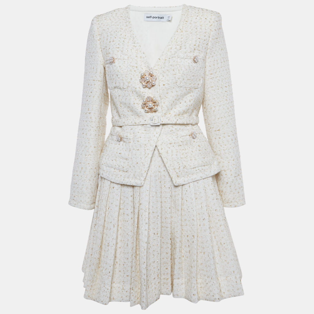 Self-Portrait Cream Metallic Boucle Mini Jacket Dress M Self-Portrait Cream Metallic Boucle Mini Jacket Dress M