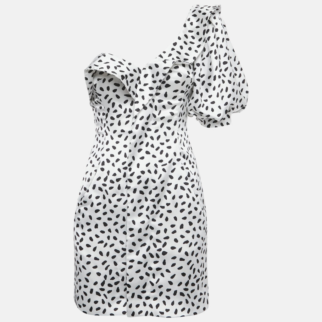 Self-Portrait White Dotted Satin One Shoulder Mini Dress S