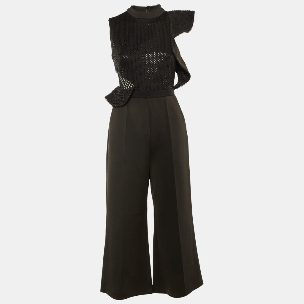 Self-Portrait Black Bead Embellished Jersey Ruffled Jumpsuit M