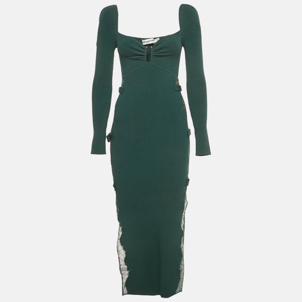 luxury-women-self-portrait-used-clothes-p1238737-001-1.jpg Self-Portrait Deep Green Lace Inserts Rib Knit Midi Dress S