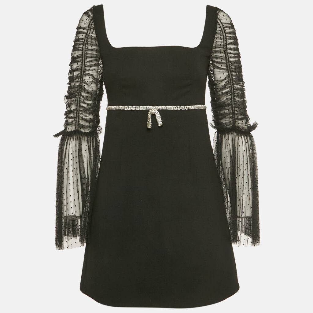 luxury-women-self-portrait-used-clothes-p1238791-005-1.jpg Self-Portrait Black Dot Mesh and Crepe Diamante Bow Mini Dress S