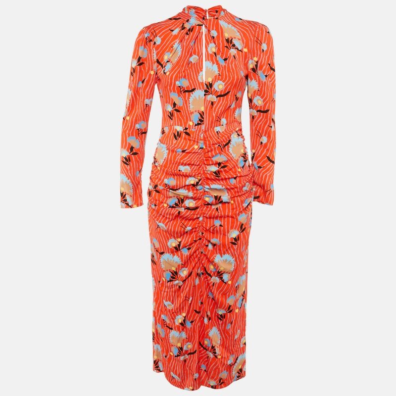 Self-Portrait Red Botanical Print Crepe Midi Dress S Self-Portrait Red Botanical Print Crepe Midi Dress S