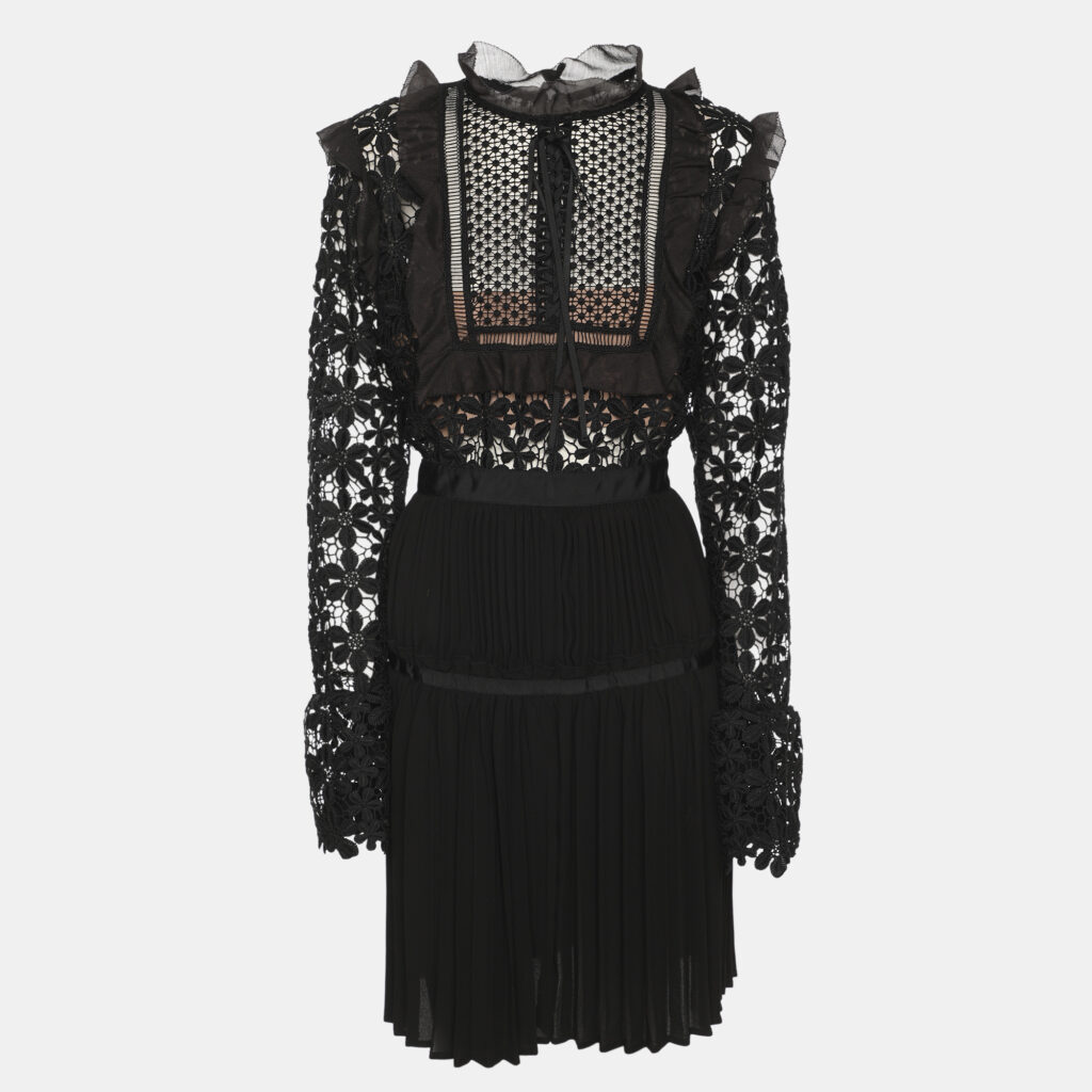 Self-Portrait Black Guipure Lace & Organza Trim Pleated Adeline Dress L Self-Portrait Black Guipure Lace & Organza Trim Pleated Adeline Dress L
