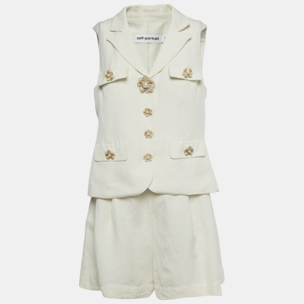 Self-Portrait Cream Linen Blend Playsuit M Self-Portrait Cream Linen Blend Playsuit M