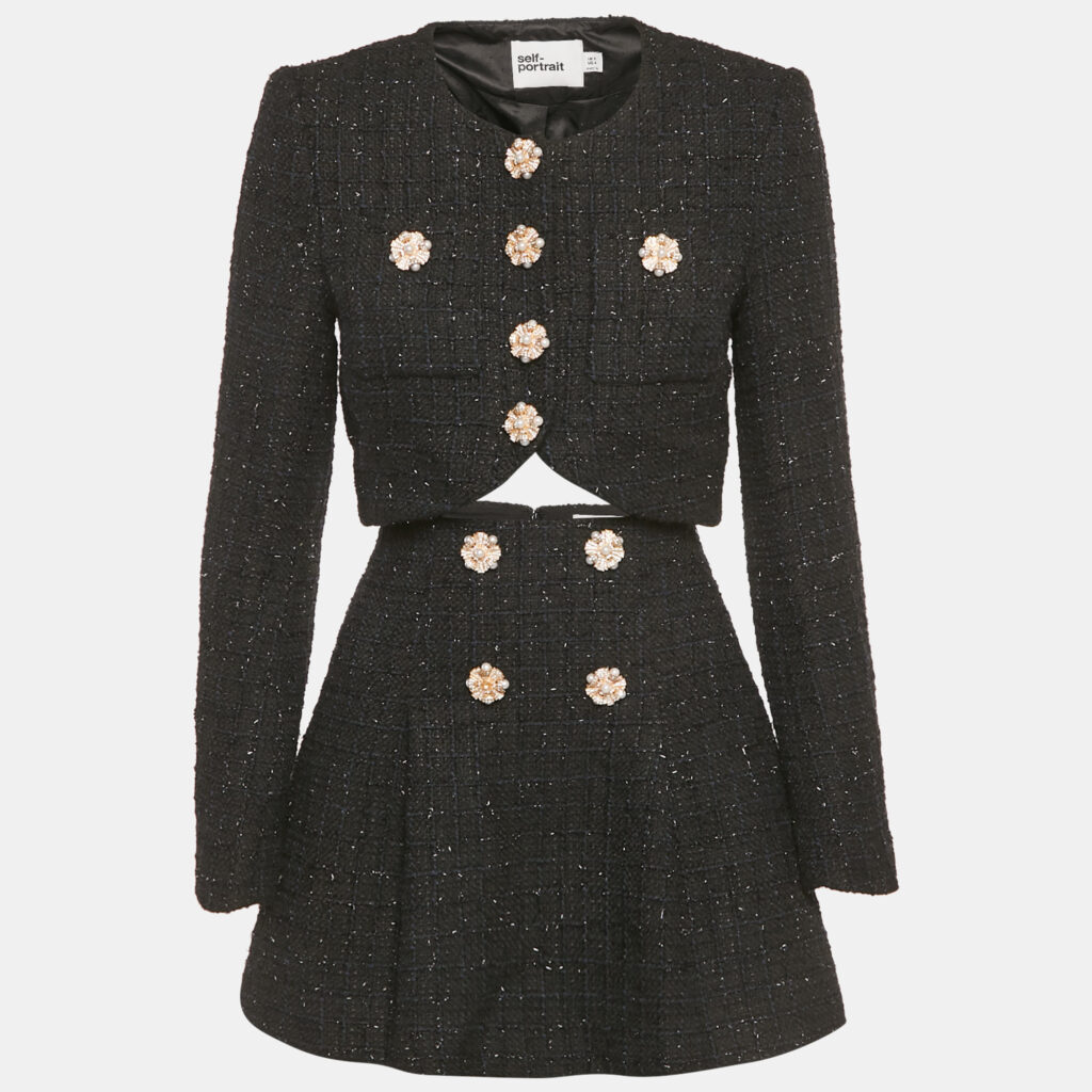 Self-Portrait Black Lurex Tweed Cropped Jacket & Mini Skirt Set S Self-Portrait Black Lurex Tweed Cropped Jacket & Mini Skirt Set S
