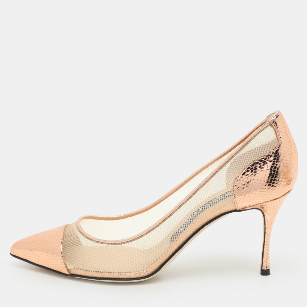 Sergio Rossi Rose Gold Mesh and Python Embossed Leather Pumps Size 37