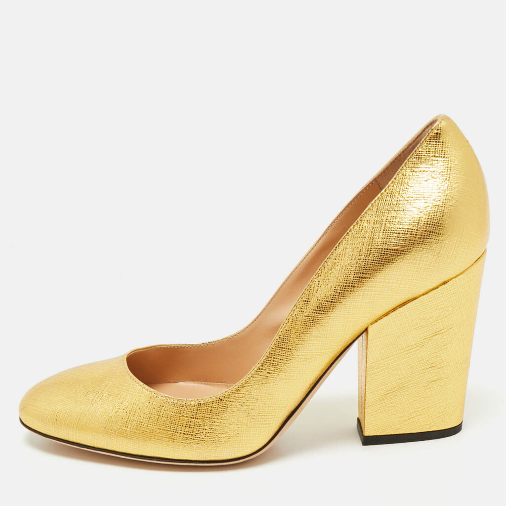 Sergio Rossi Gold Textured Leather Round Toe Pumps Size 36.5