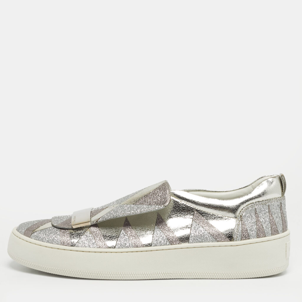 Sergio Rossi Silver Glitter and Leather Blair Sneakers Size 41