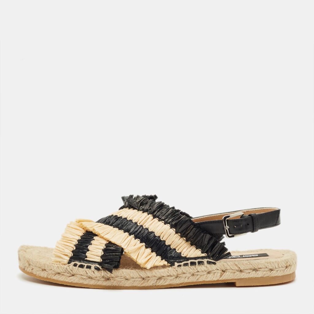 Sergio Rossi Beige/Black Raffia and Leather Kauai Espadrille Sandals Size 41 Sergio Rossi Beige/Black Raffia and Leather Kauai Espadrille Sandals Size 41