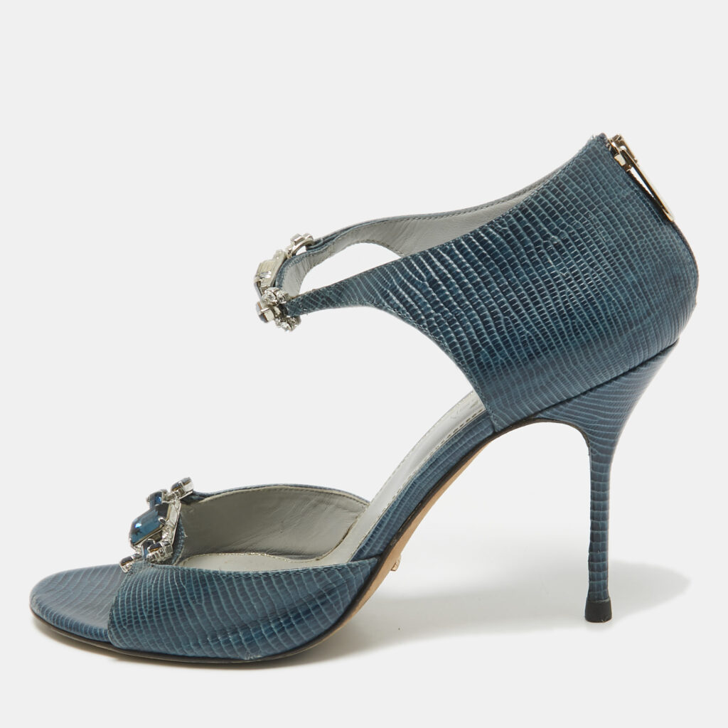 Sergio Rossi Blue Lizard Embossed Leather Embellished Open Toe Sandals Size 39 Sergio Rossi Blue Lizard Embossed Leather Embellished Open Toe Sandals Size 39
