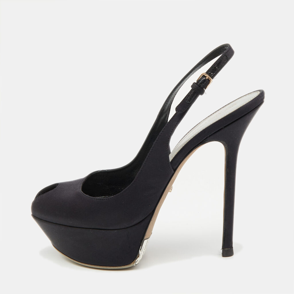 Sergio Rossi Black Satin Slingback Peep Toe Pumps Size 37.5 Sergio Rossi Black Satin Slingback Peep Toe Pumps Size 37.5
