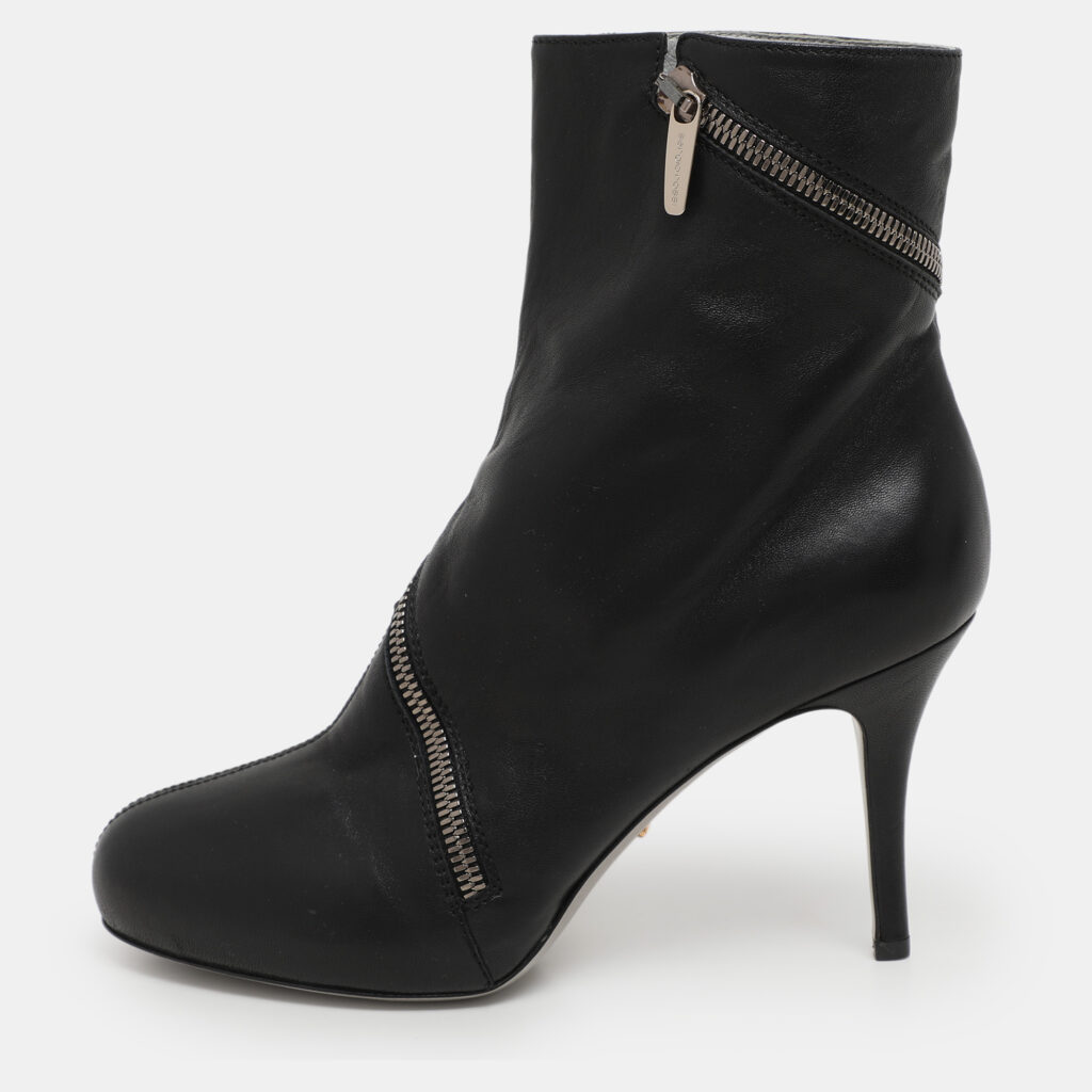 Sergio Rossi Black Leather Spiral Zip Ankle Heel Boots Size 36 Sergio Rossi Black Leather Spiral Zip Ankle Heel Boots Size 36