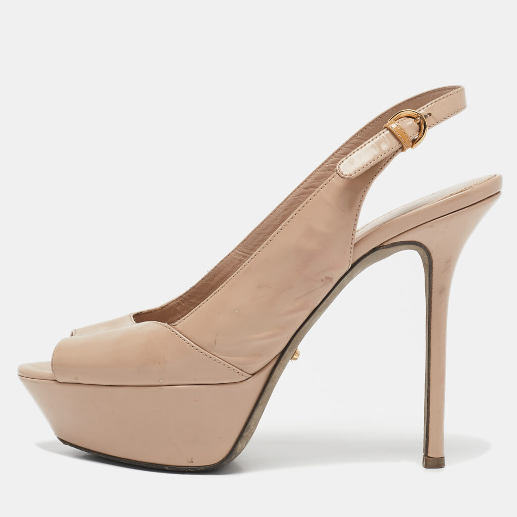 Sergio Rossi Beige Patent Leather Peep Toe Platform Slingback Pumps Size 36.5 Sergio Rossi Beige Patent Leather Peep Toe Platform Slingback Pumps Size 36.5