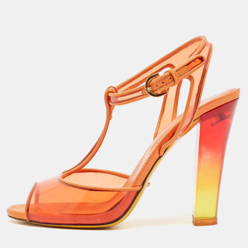 Sergio Rossi Orange Patent Leather and PVC Open Toe T-Strap Sandals Size 37