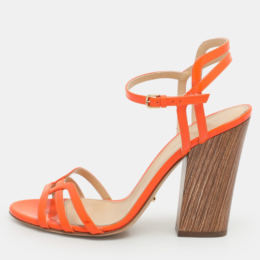 Sergio Rossi Orange Patent Leather Ankle Strap Sandals Size 38