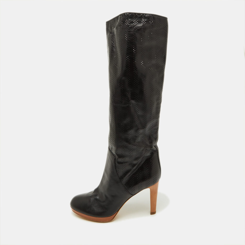 Sergio Rossi Black Perforated Leather Calf Length Boots Size 38.5 Sergio Rossi Black Perforated Leather Calf Length Boots Size 38.5