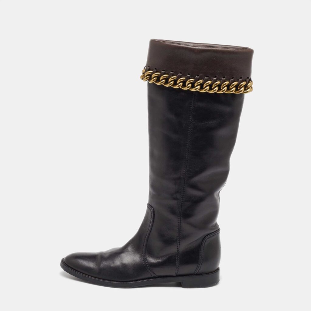 Sergio Rossi Black/Dark Brown Leather Chain Detail Calf Length Boots Size 35.5 Sergio Rossi Black/Dark Brown Leather Chain Detail Calf Length Boots Size 35.5