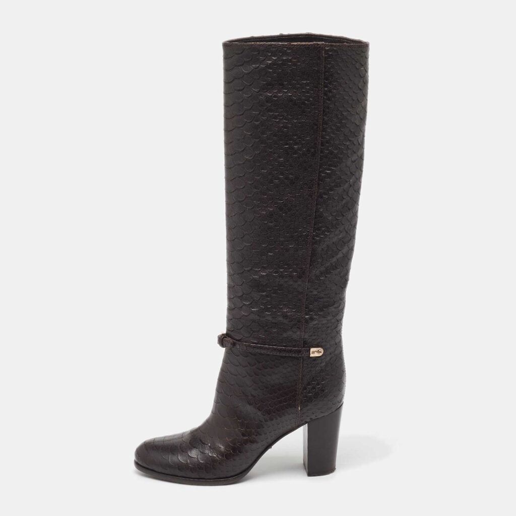 Sergio Rossi Dark Brown Python Embossed Leather Knee Length Boots Size 35.5 Sergio Rossi Dark Brown Python Embossed Leather Knee Length Boots Size 35.5