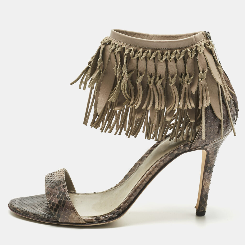 Sergio Rossi Brown Leather and Python Leather Ankle Strap Sandals Size 38 Sergio Rossi Brown Leather and Python Leather Ankle Strap Sandals Size 38