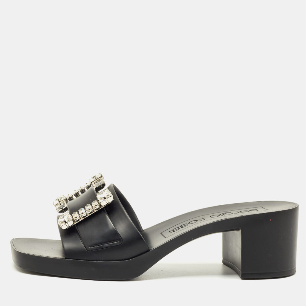Sergio Rossi Black Rubber Crystal Embellished Block Heel Slides Size 40 Sergio Rossi Black Rubber Crystal Embellished Block Heel Slides Size 40