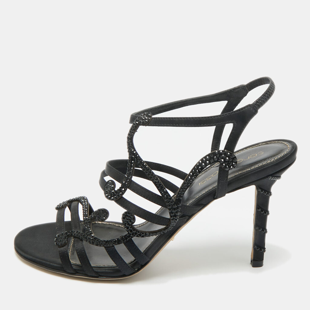 Sergio Rossi Black Satin Crystal Embellished Ankle Strap Sandals Size 36