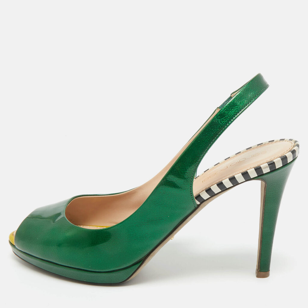 Sergio Rossi Green Patent Leather Peep Toe Slingback Pumps Size 38