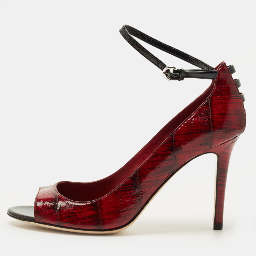 Sergio Rossi Red/Black Eel Leather Peep Toe Pumps Size 38.5