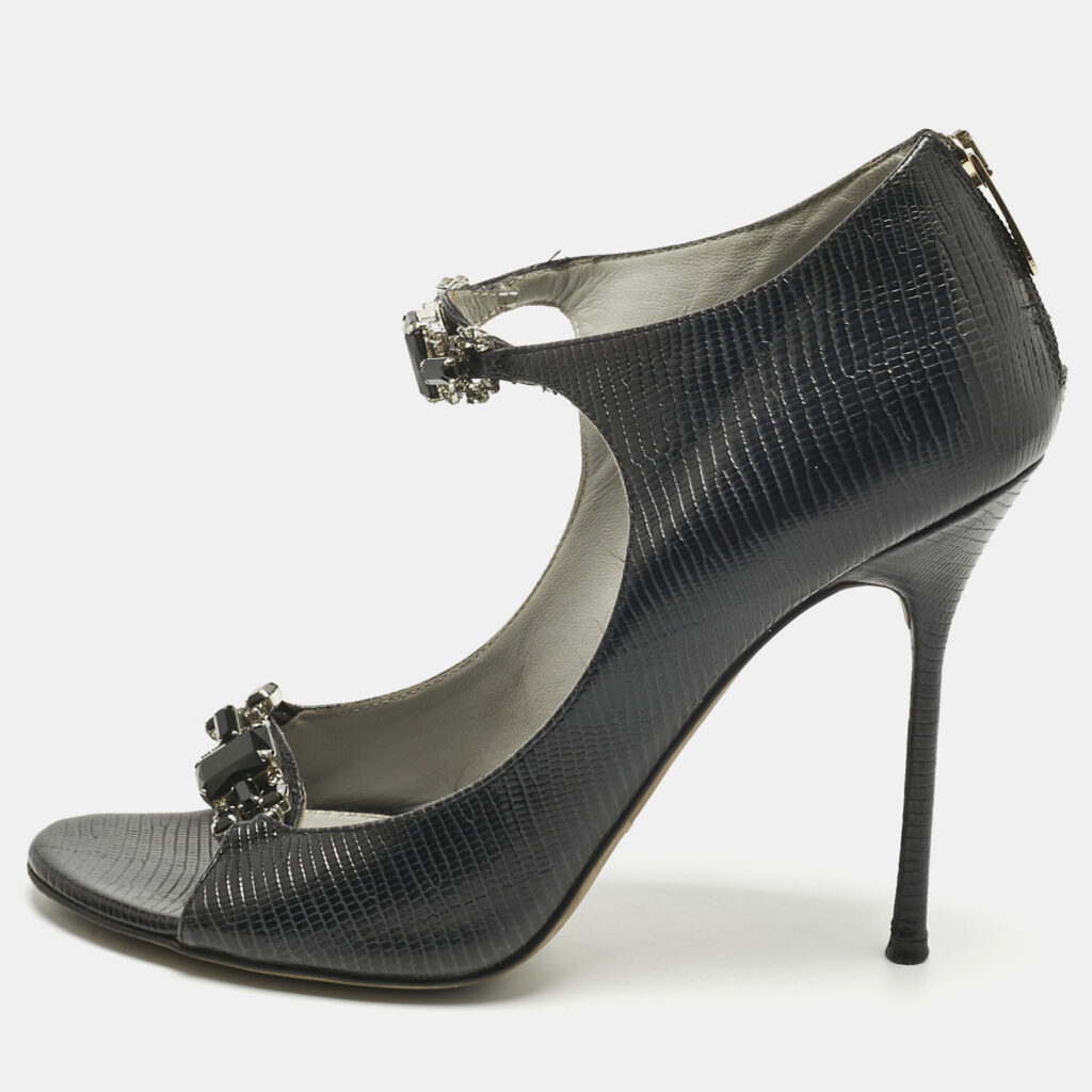 luxury-women-sergio-rossi-used-shoes-p1218164-009-1.jpg Sergio Rossi Black Lizard Embossed Leather Open Toe Sandals Size 37.5