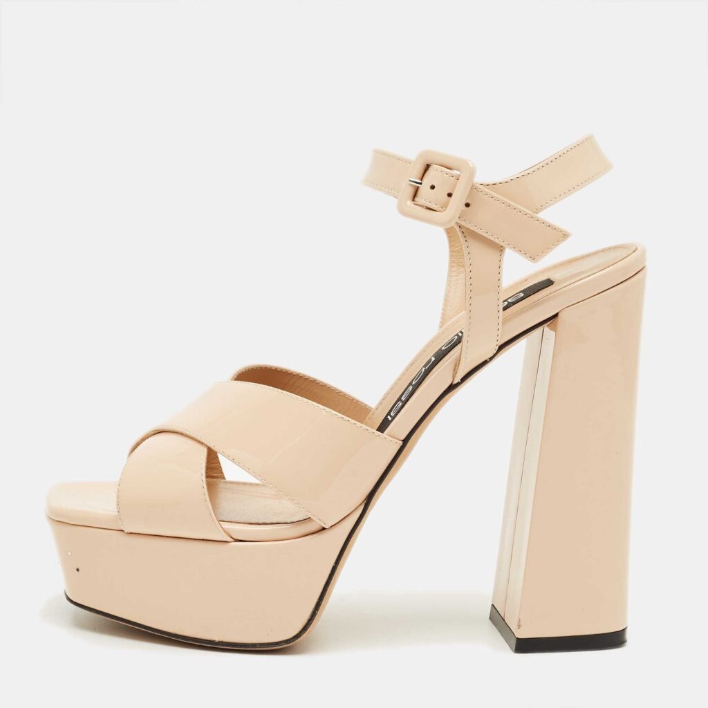 Sergio Rossi Beige Patent Leather Crisscross Ankle Strap Sandals Size 37