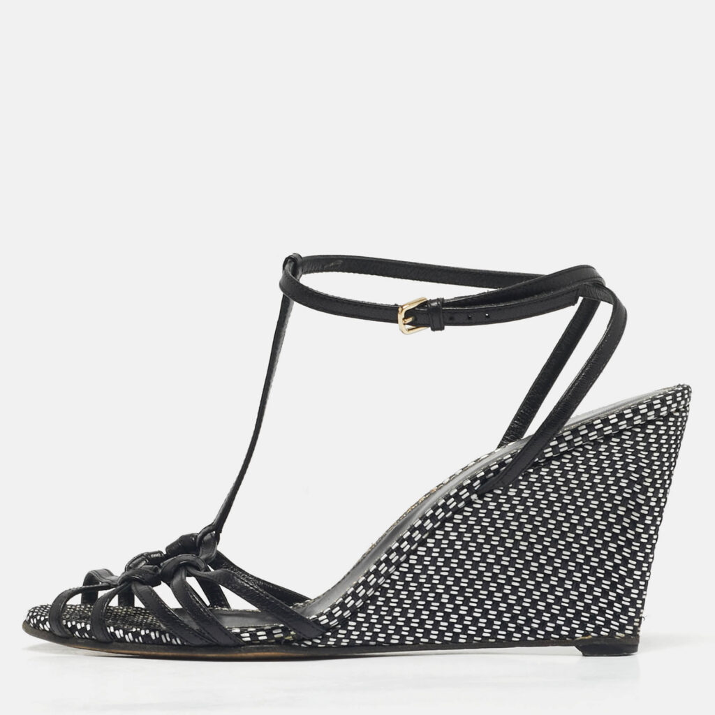 Sergio Rossi Black/White Raffia Ankle Strap Wedge Sandals Size 38.5