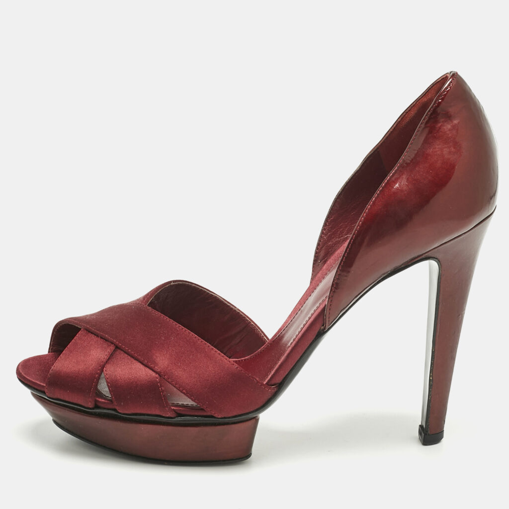 Sergio Rossi Burgundy Patent Leather and Satin Crisscross Platform Pumps Size 38
