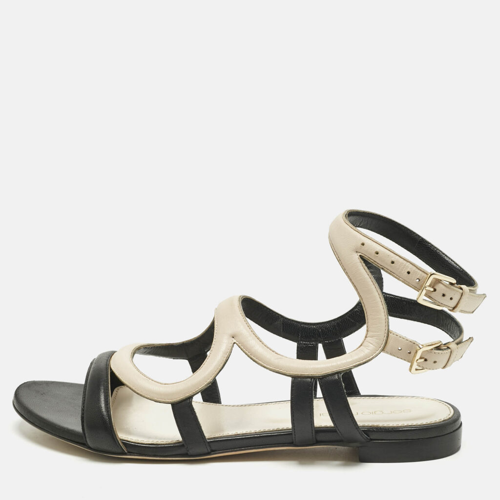 Sergio Rossi Black/Cream Leather Ankle Strap Flat Sandals Size 39 Sergio Rossi Black/Cream Leather Ankle Strap Flat Sandals Size 39