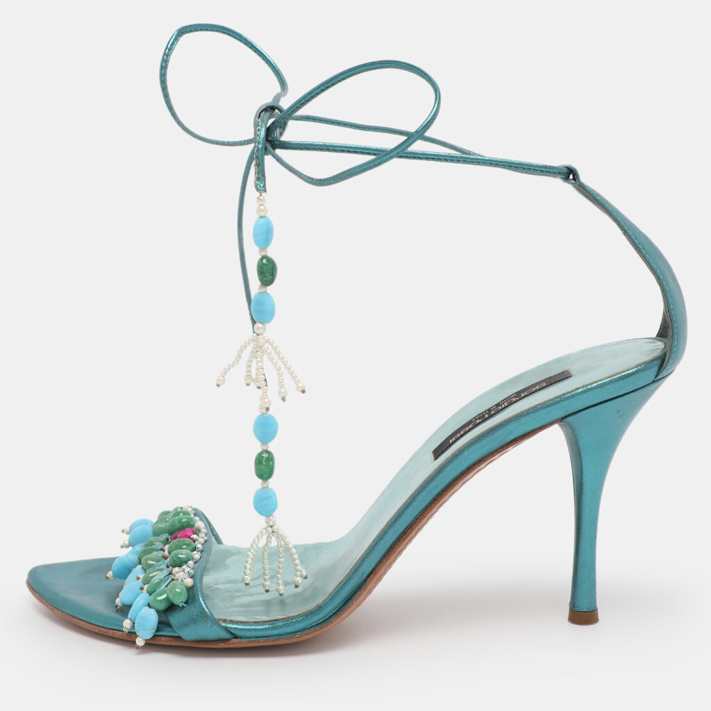 Sergio Rossi Metallic Green Leather Stone Embellished Ankle Strap Sandals Size 38.5