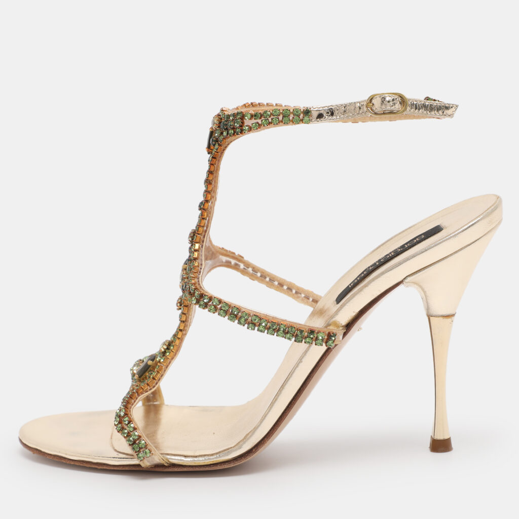 Sergio Rossi Gold Leather Ankle Strap Sandals Size 38.5