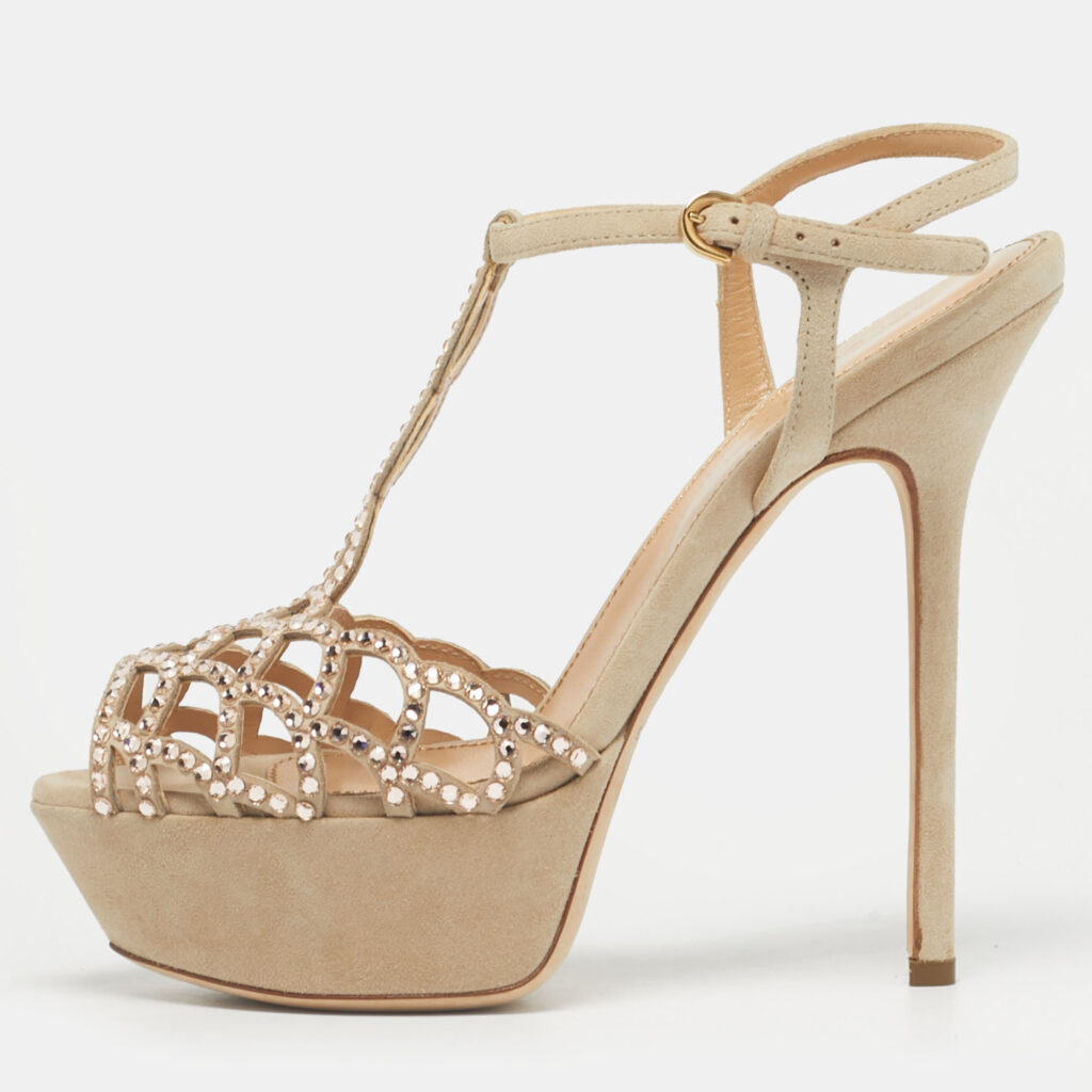 Sergio Rossi Grey Suede Embellished Strappy Scalloped Platform Sandals Size 36