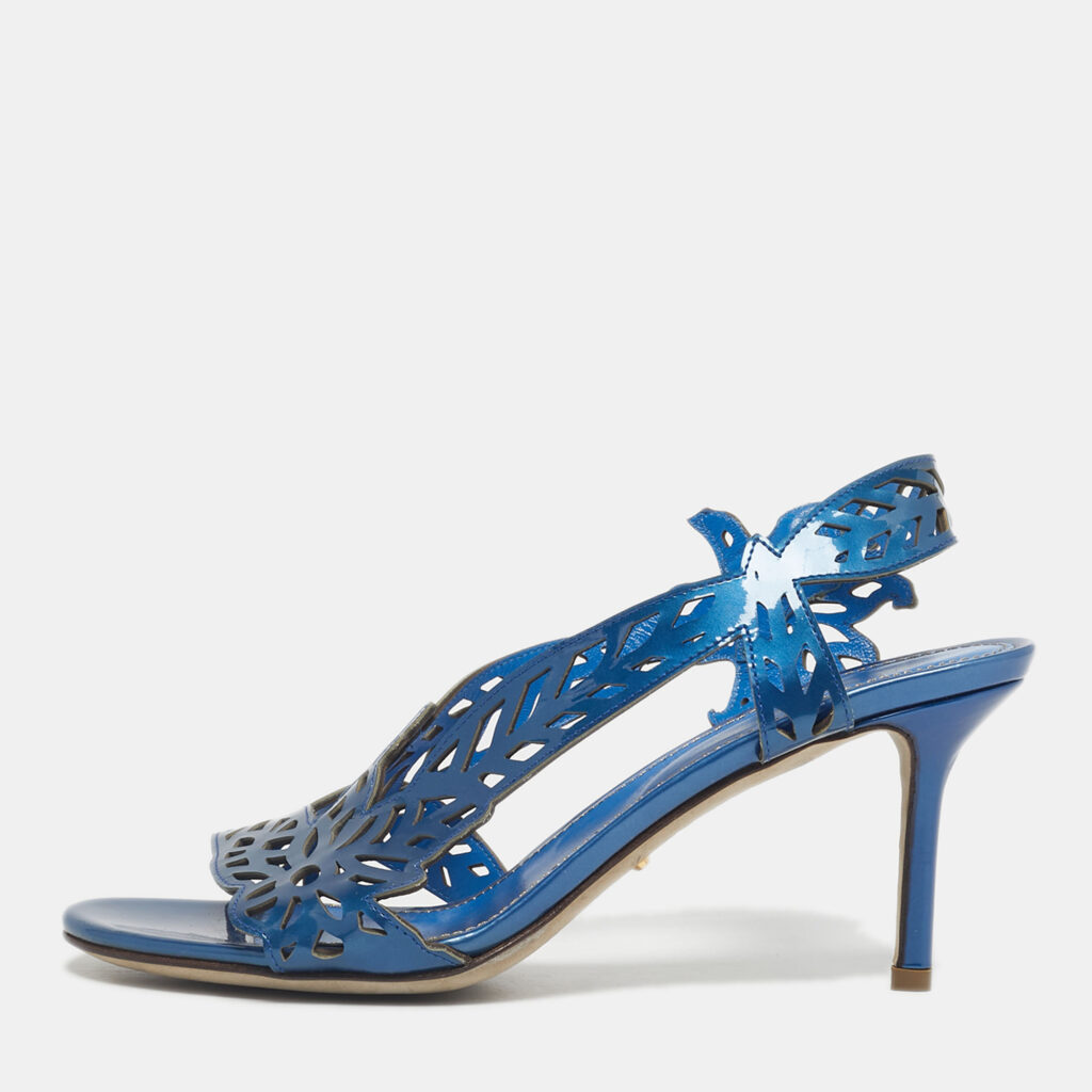 Sergio Rossi Blue Laser Cut Leather Slingback Sandals Size 36.5