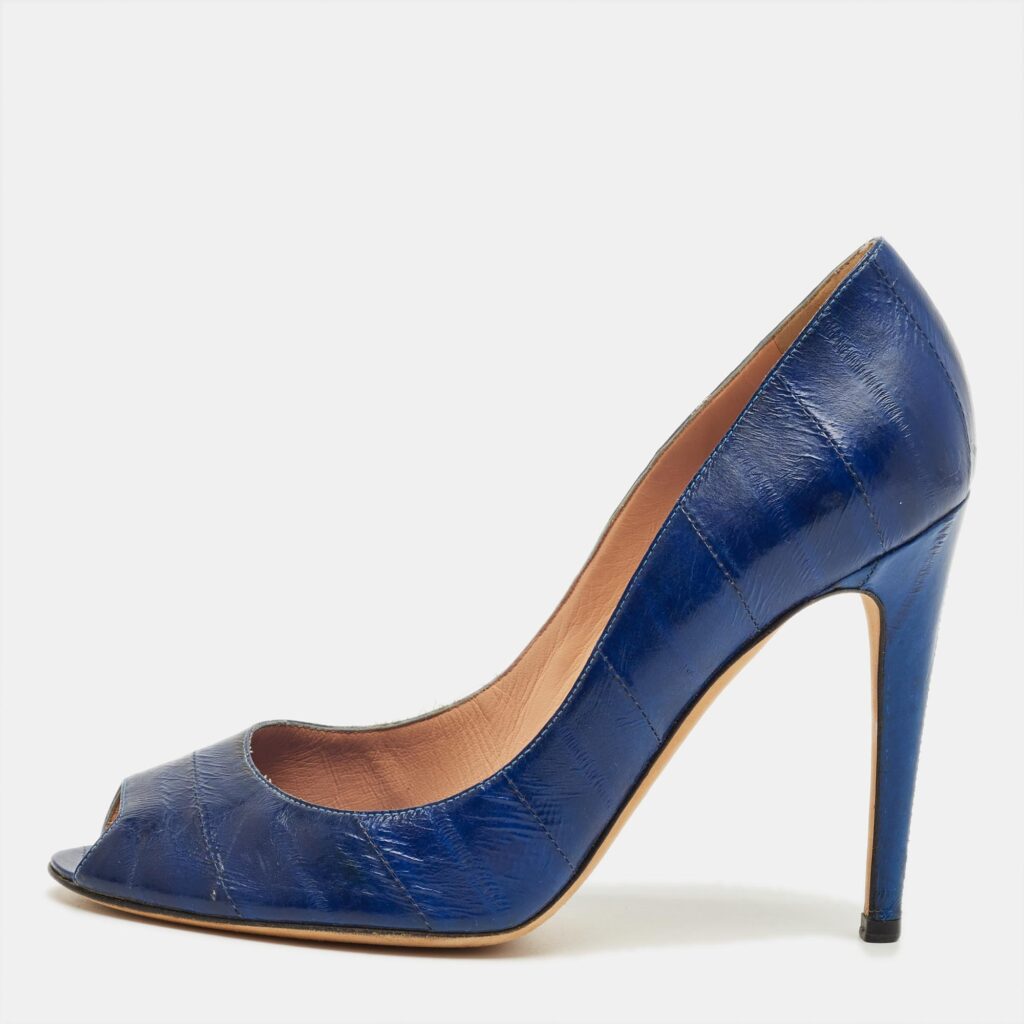 Sergio Rossi Blue Eel Leather Round Toe Pumps Size 40
